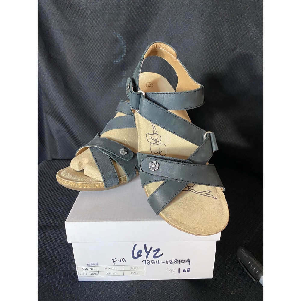 Josef Seibel Belluno Black Leather Wedge Sandals Womens 37 US 6.5-7 NEW